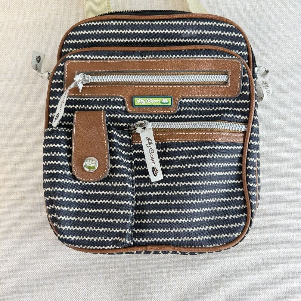 Lily Bloom Crossbody Bag Navy White Stripe Brown Trim Multi Pocket Purse